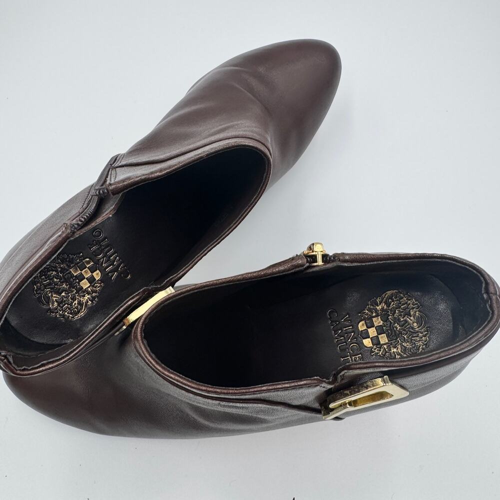 Vince Camuto Vernaya Ankle Booties 10M Espresso Brown Leather Gold Buckle Heels - Picture 5 of 16